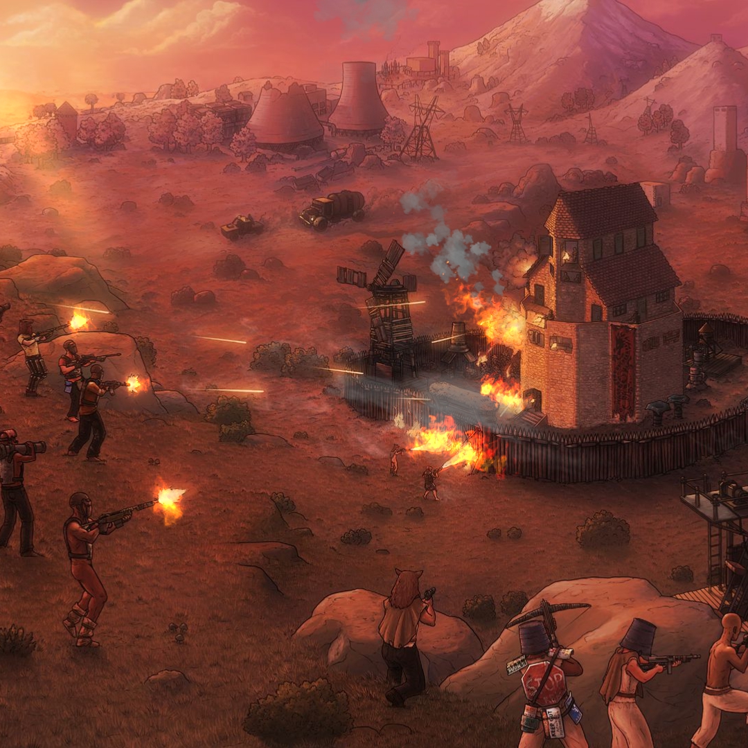 A Rust squad breaching a burning base at sunset