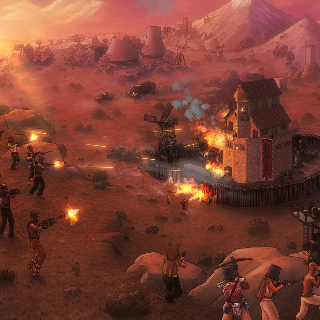 A Rust squad breaching a burning base at sunset